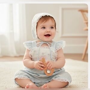 🌸 Vintage Pastel Embroidered Heart Romper w/ Lace Trim – Size 3–6 Months